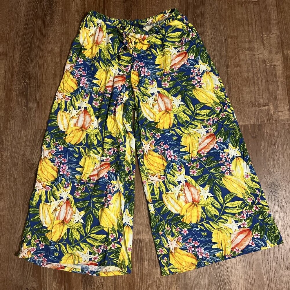 Rachel Roy Wide Leg Tropical Pants Women's Small Blue Yellow Elastic Waist Beach